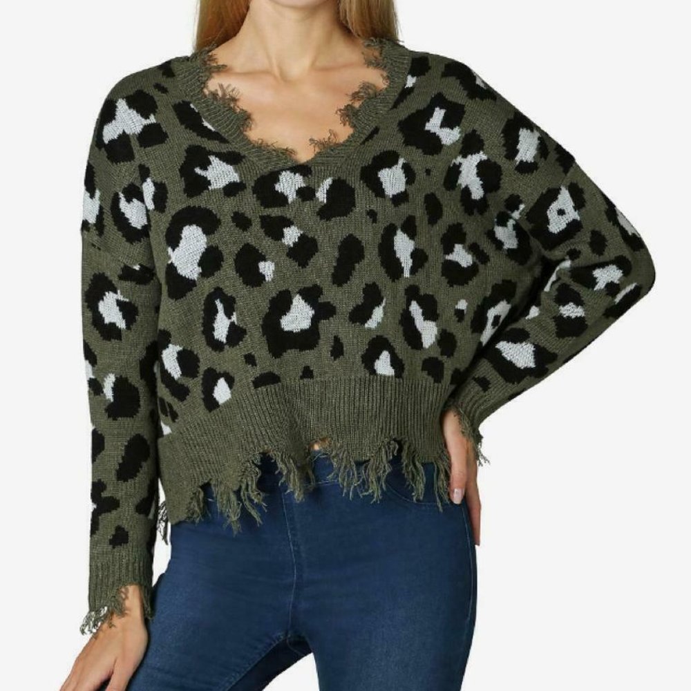 Polly & Esther Juniors' Destructed Animal-Print Sweater - ALL SIZE lARGE